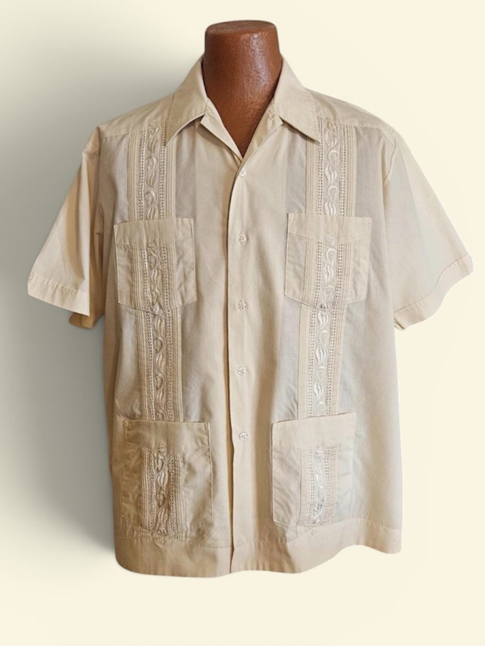 Vtg 70s Beige Guayabera Haband Poly Cotton Cuban Wedding Shirt Embroidered Sz XL